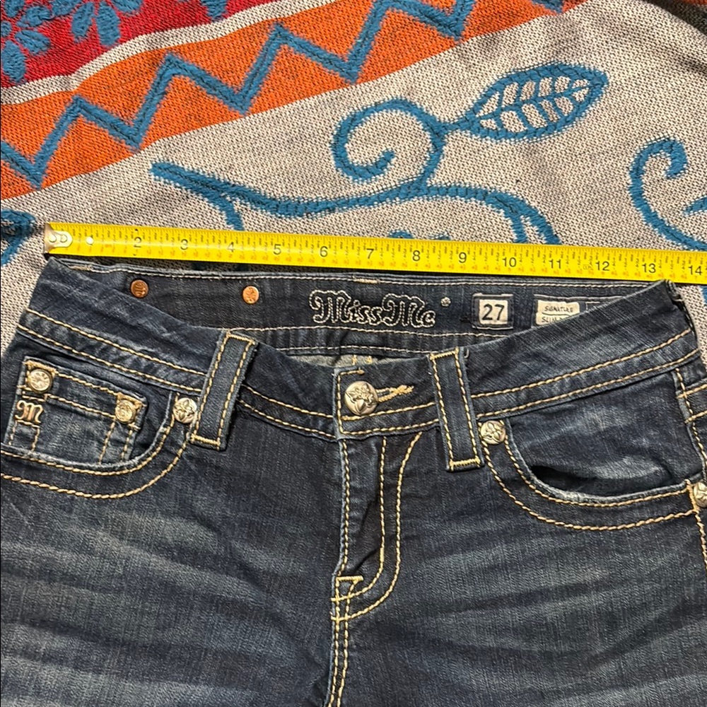 Miss Me Boot Cut Jeans in Blue and Gold with Fleur-de-Lis Embroidery - Picture 6 of 9